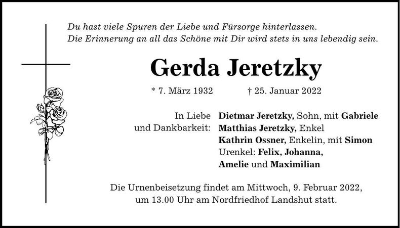 Traueranzeige Gerda Jeretzky