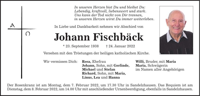 Traueranzeige Johann Fischbäck