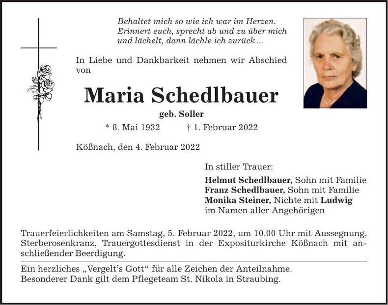 Traueranzeige Maria Schedlbauer