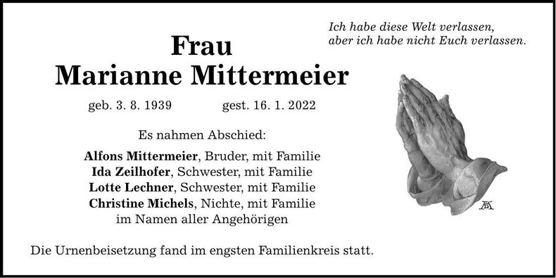 Traueranzeige Marianne Mittermeier
