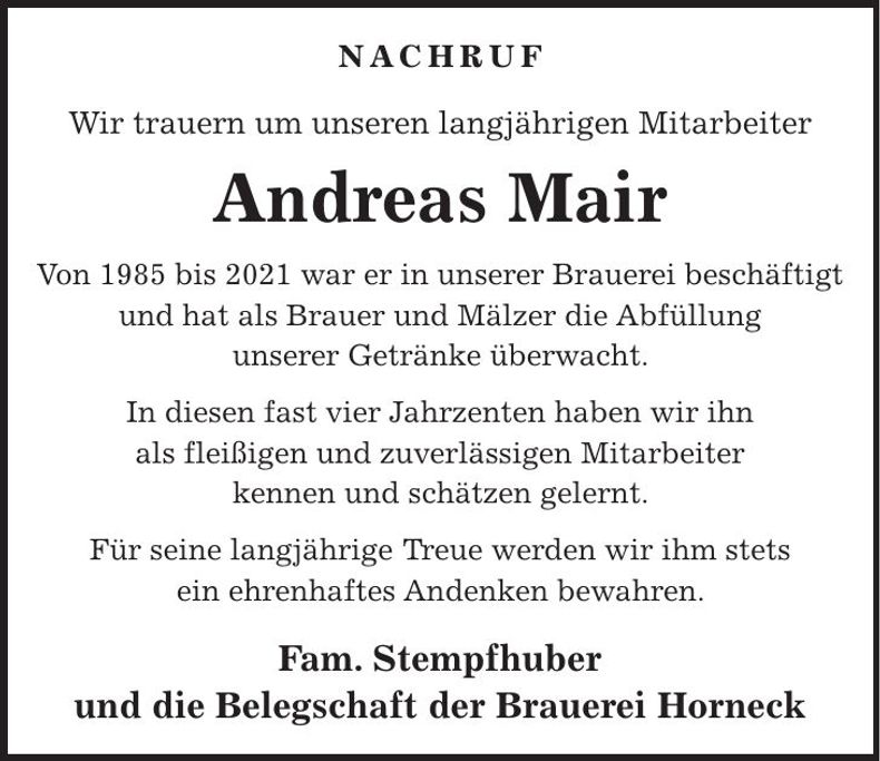 Traueranzeige Andreas Mair