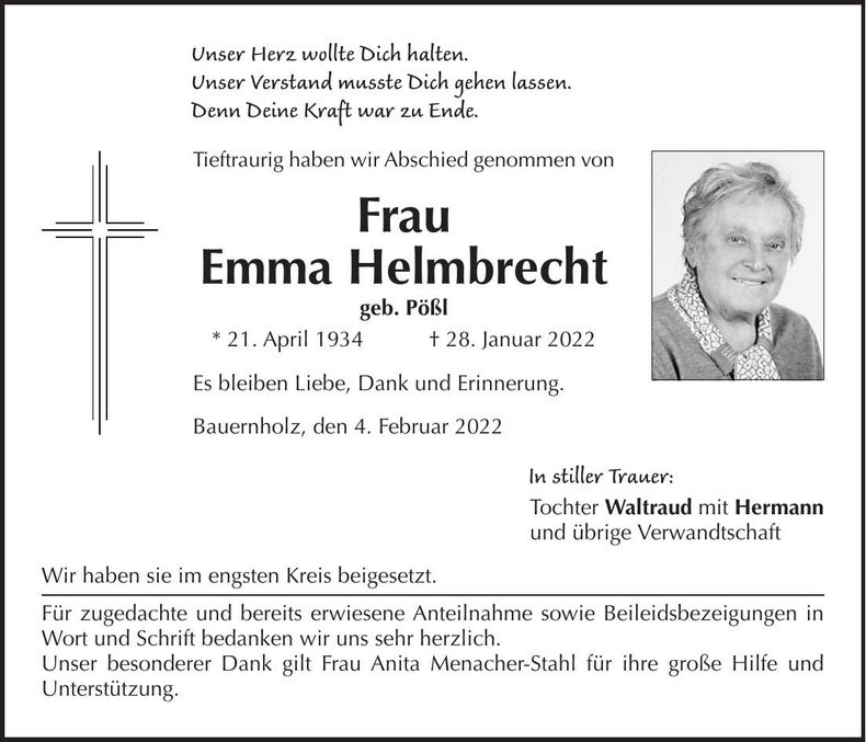 Traueranzeige Emma Helmbrecht