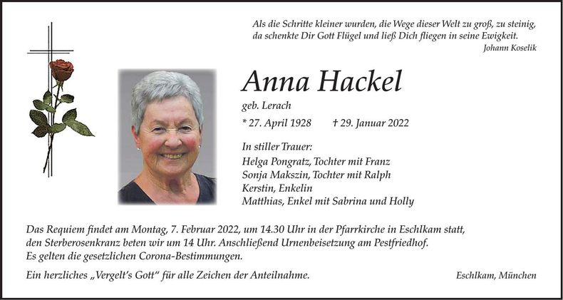Traueranzeige Anna Hackel