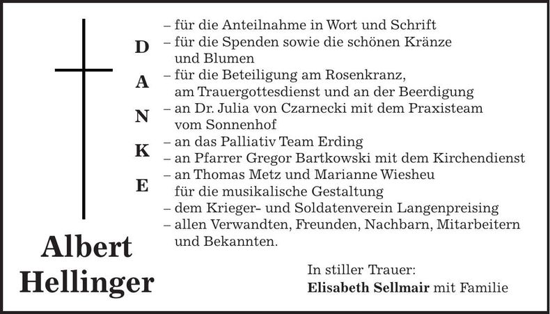 Traueranzeige Albert Hellinger