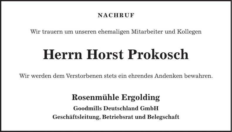 Traueranzeige Horst Prokosch