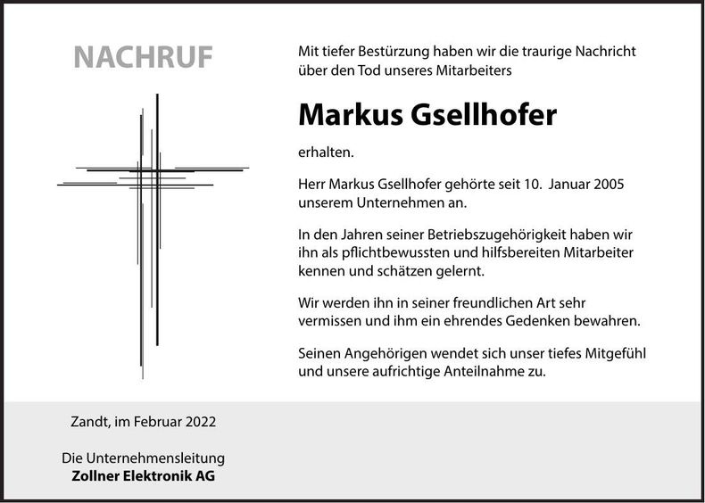 Traueranzeige Markus Gsellhofer
