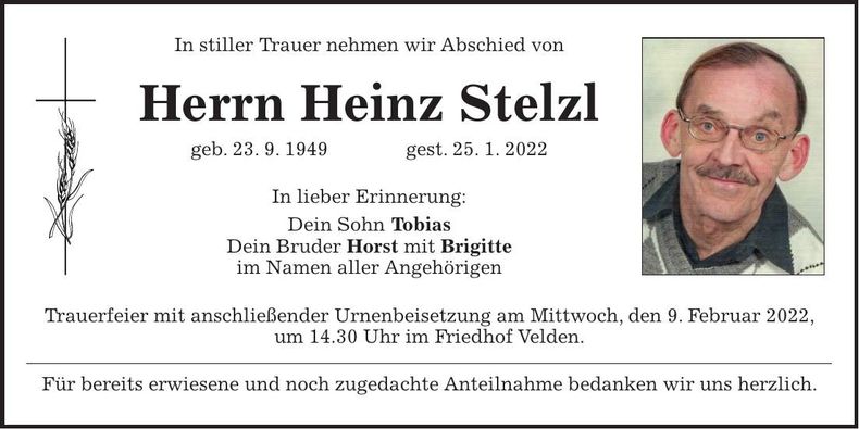 Traueranzeige Heinz Stelzl