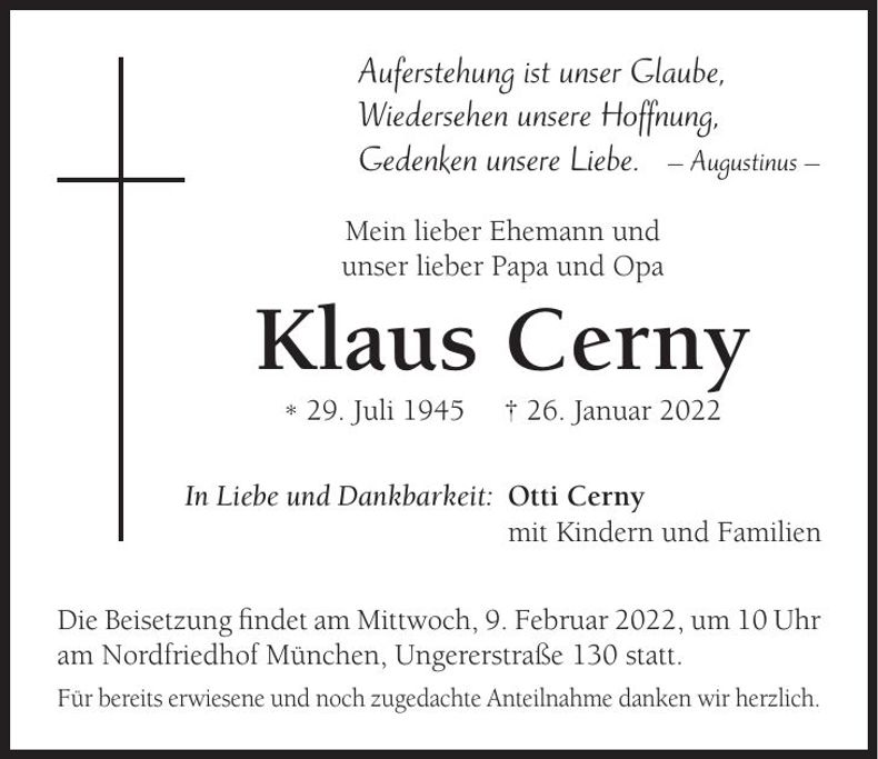 Traueranzeige Klaus Cerny