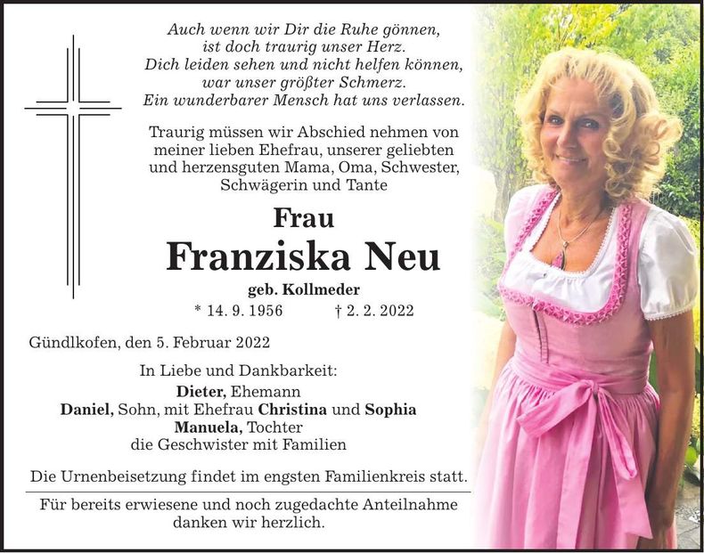 Traueranzeige Franziska Neu