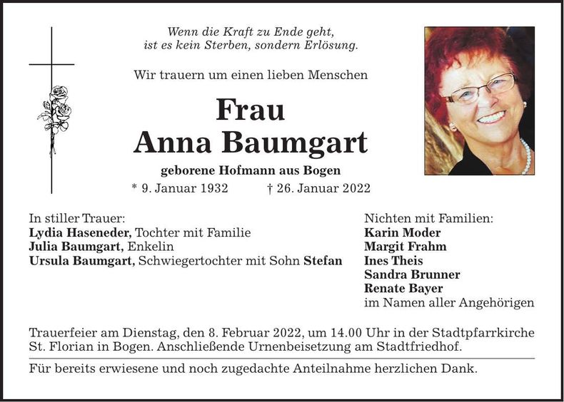 Traueranzeige Anna Baumgart