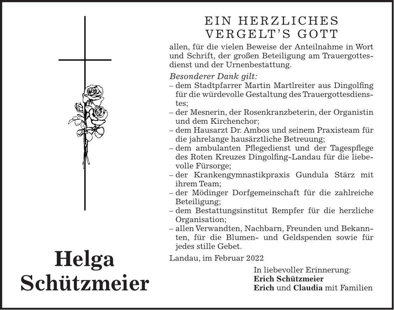 Traueranzeige Helga Schützmeier