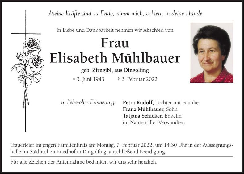 Traueranzeige Elisabeth Mühlbauer