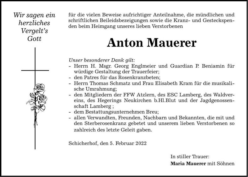 Traueranzeige Anton Mauerer