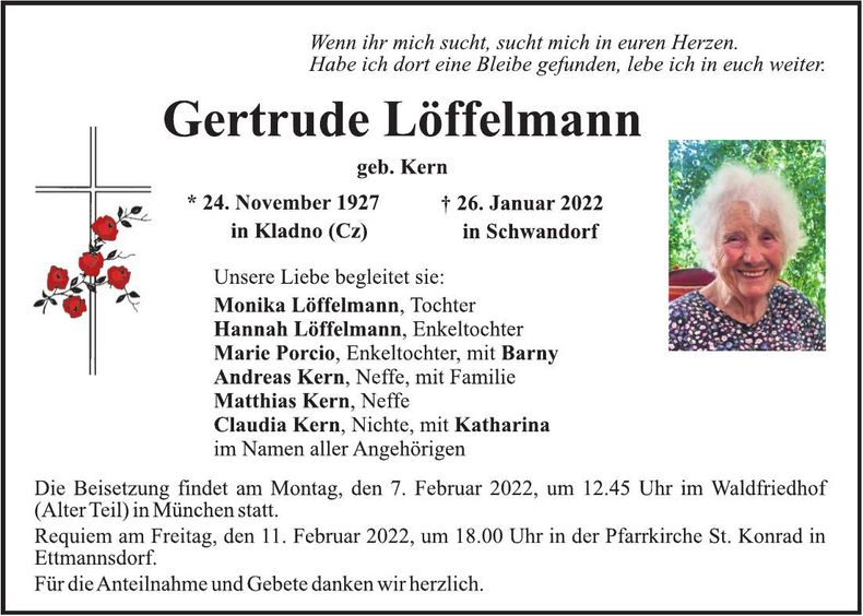 Traueranzeige Gertrude Löffelmann
