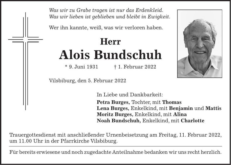 Traueranzeige Alois Bundschuh