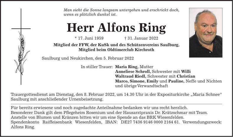Traueranzeige Alfons Ring