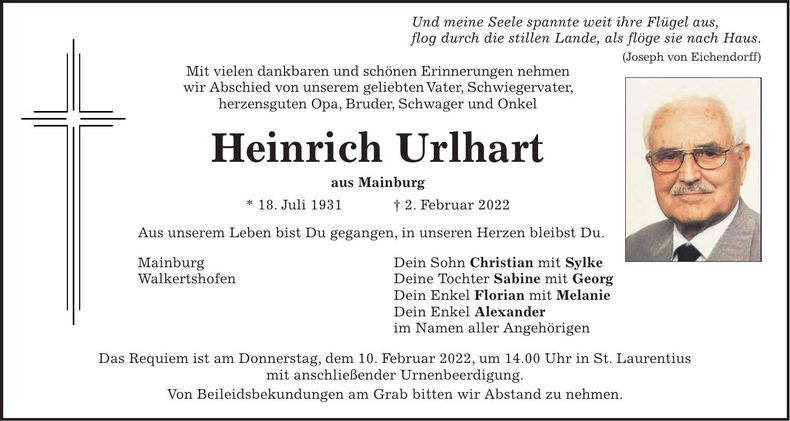 Traueranzeige Heinrich Urlhart