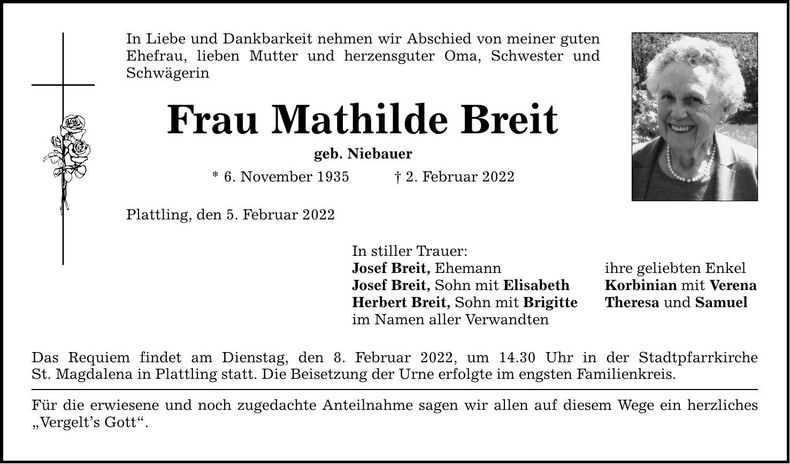 Traueranzeige Mathilde Breit