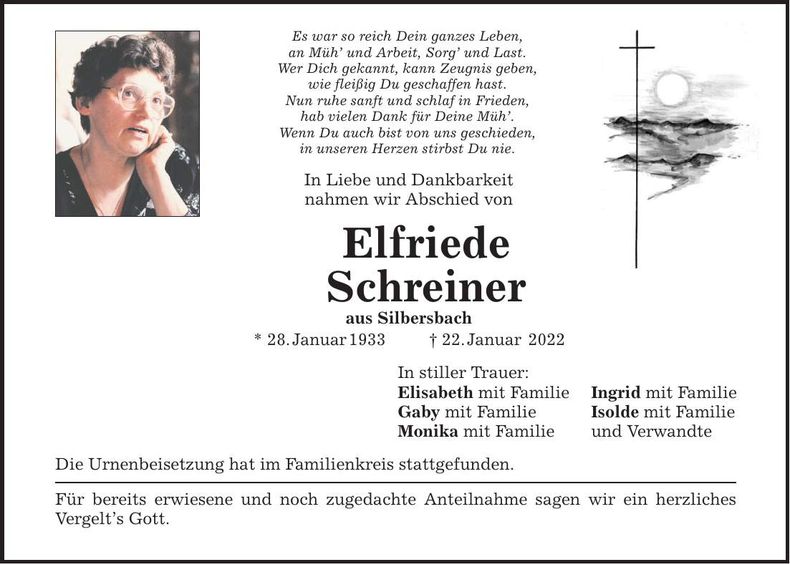 Traueranzeige Elfriede Schreiner