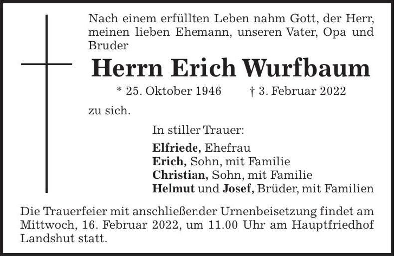 Traueranzeige Erich Wurfbaum