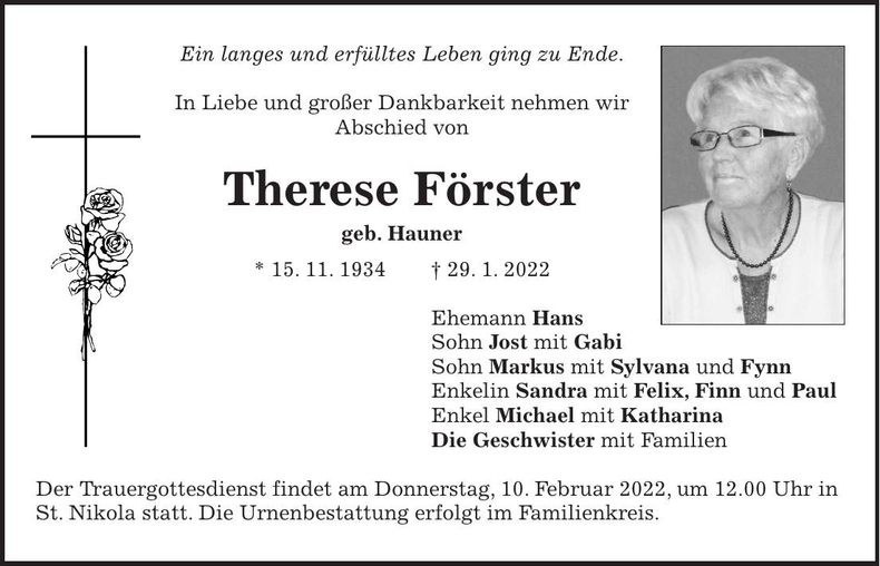 Traueranzeige Therese Förster