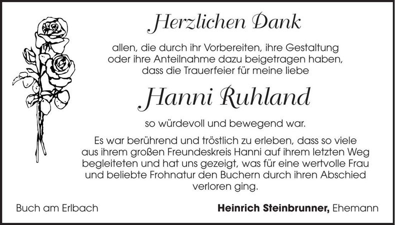 Traueranzeige Hanni Ruhland