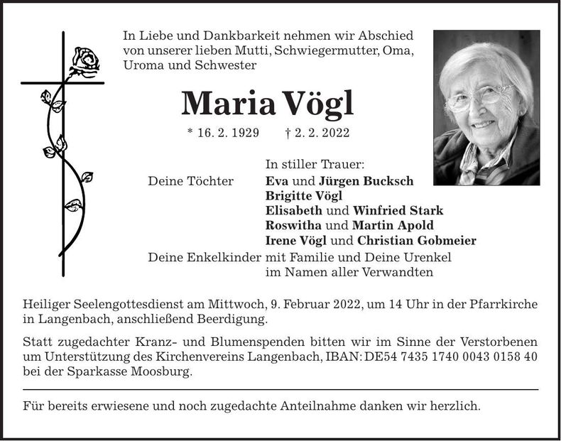 Traueranzeige Maria Vögl