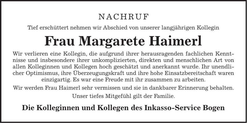 Traueranzeige Margarete Haimerl