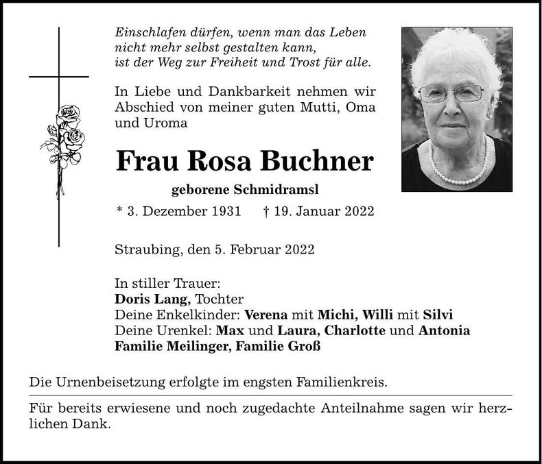 Traueranzeige Rosa Buchner