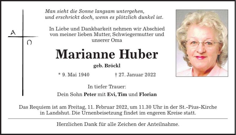 Traueranzeige Marianne Huber