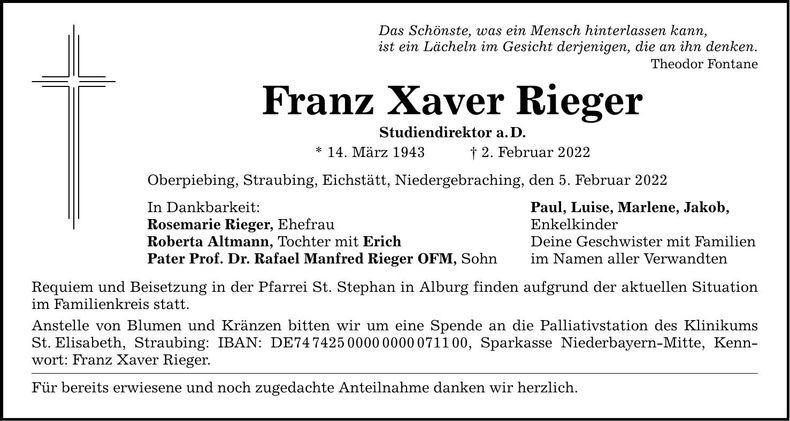 Traueranzeige Franz Xaver Rieger