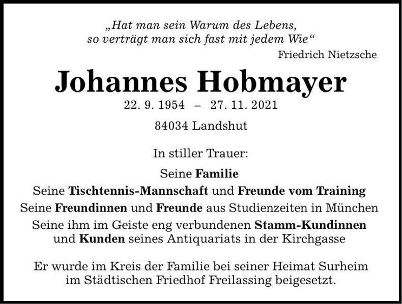 Traueranzeige Johannes Hobmayer