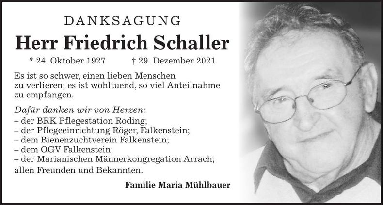 Traueranzeige Friedrich Schaller