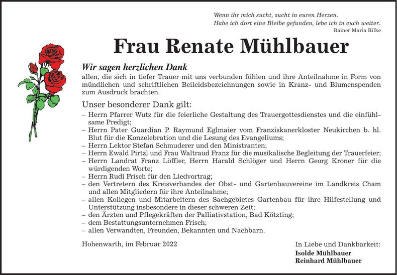 Traueranzeige Renate Mühlbauer