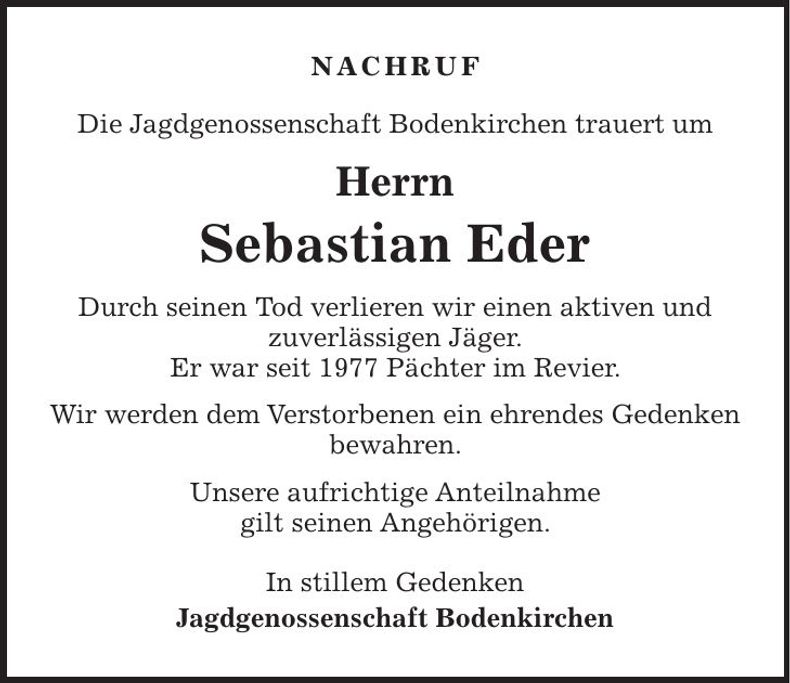 Traueranzeige Sebastian Eder