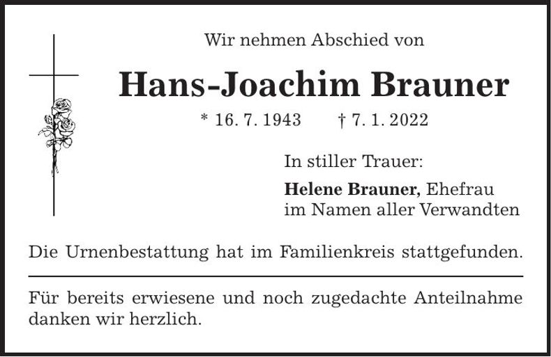 Traueranzeige Hans-Joachim Brauner