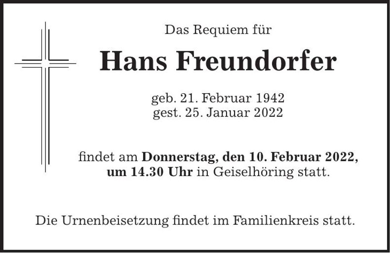 Traueranzeige Hans Freundorfer