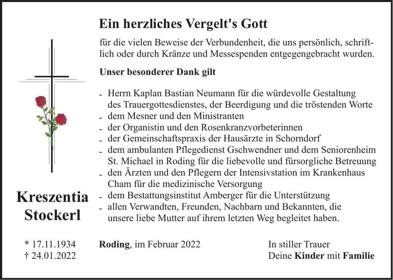 Traueranzeige Kreszentia Stockerl