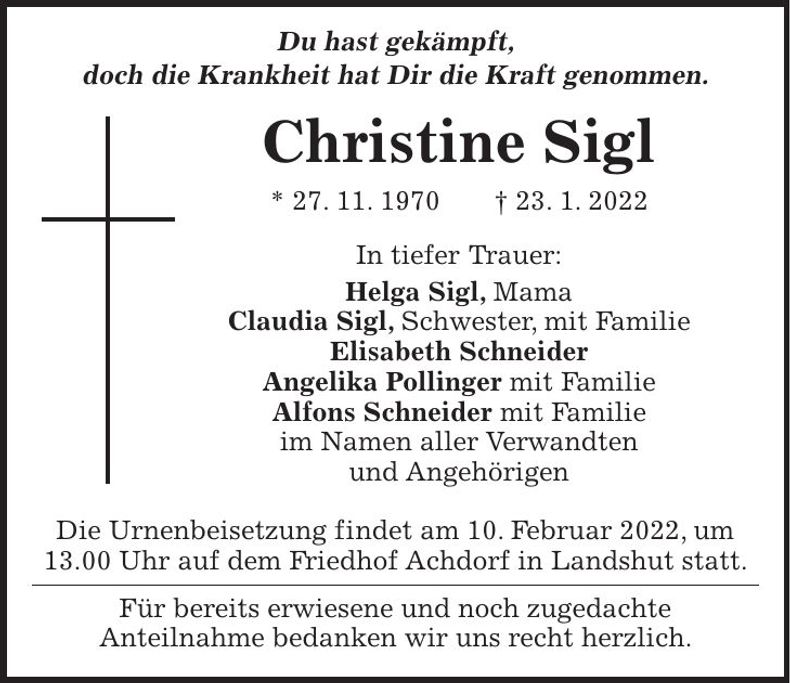 Traueranzeige Christine Sigl