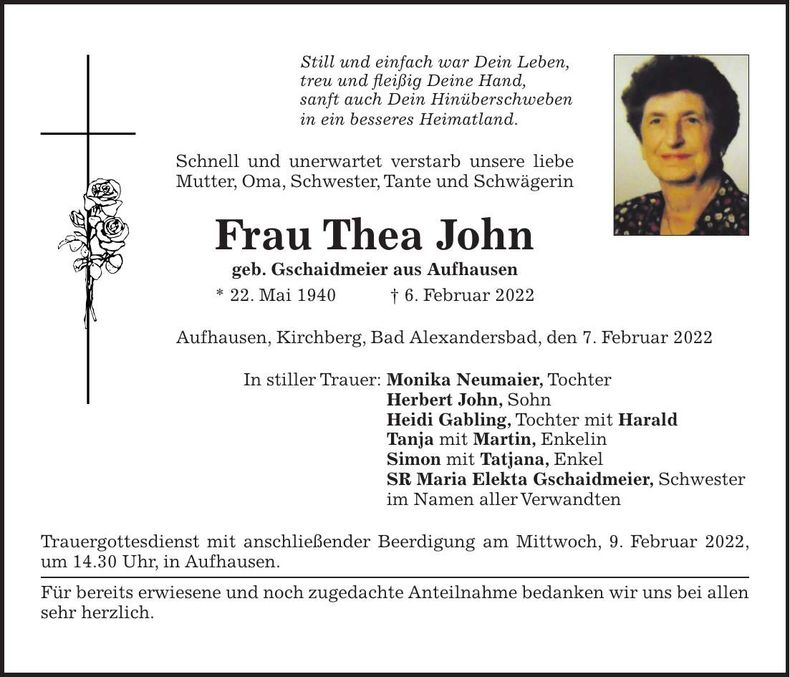 Traueranzeige Thea John