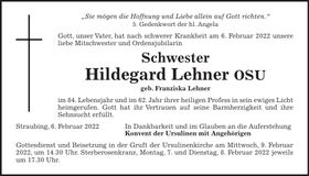 Traueranzeige Schwester Hildegard OSU Lehner
