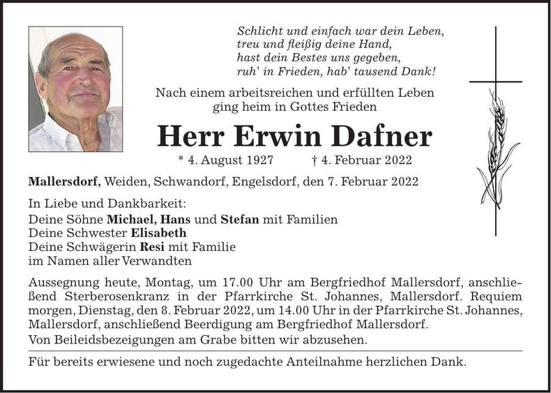 Traueranzeige Erwin Dafner