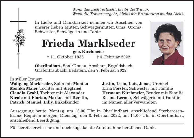 Traueranzeige Frieda Marklseder