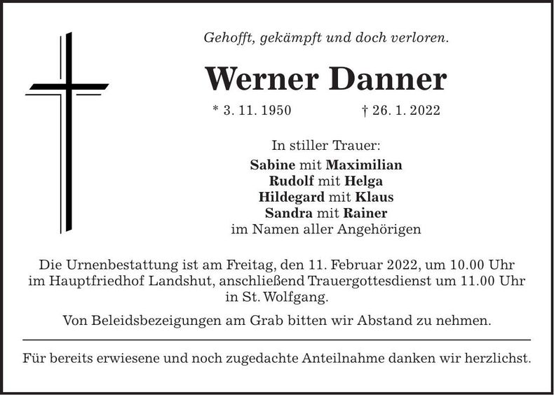 Traueranzeige Werner Danner