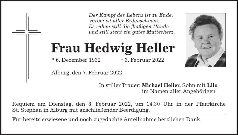 Traueranzeige Hedwig Heller