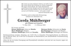 Traueranzeige Gerda Mühlberger