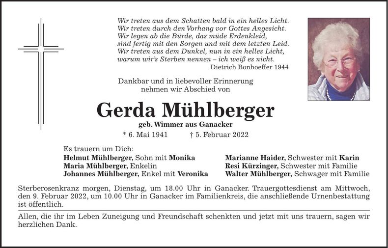 Traueranzeige Gerda Mühlberger
