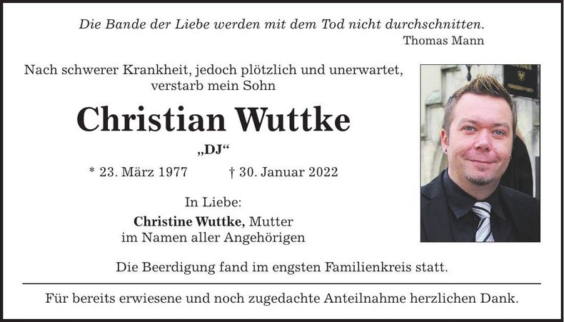 Traueranzeige Christian Wuttke