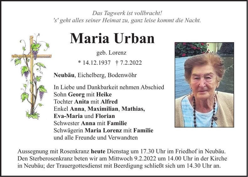 Traueranzeige Maria Urban