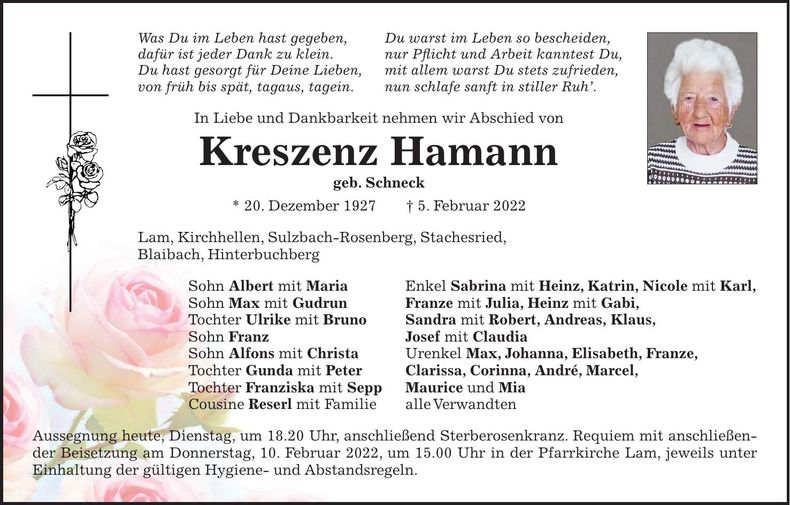 Traueranzeige Kreszenz Hamann